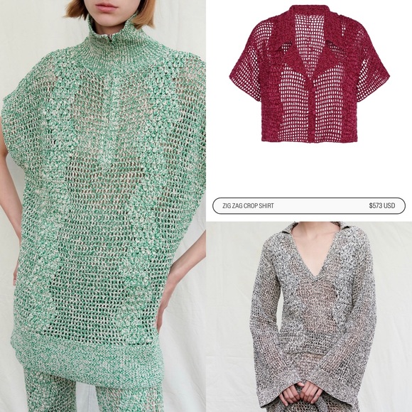 Mozdeh Matin open knit crochet green and cream sweater with bell sleeves, size S - Picture 9 of 10